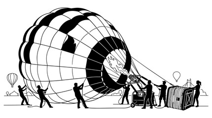 A team of people preparing a large hot air balloon for flight. © Kamsiyah_Bintimawadi