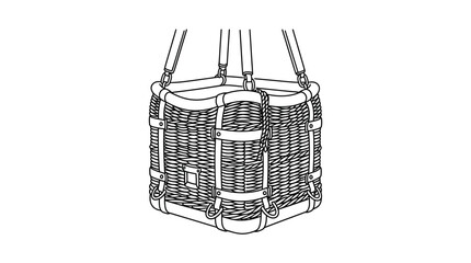 A detailed line art illustration of a traditional hot air balloon wicker basket. © Kamsiyah_Bintimawadi