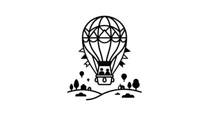 Minimalist line art illustration of a hot air balloon floating over a landscape. © Kamsiyah_Bintimawadi