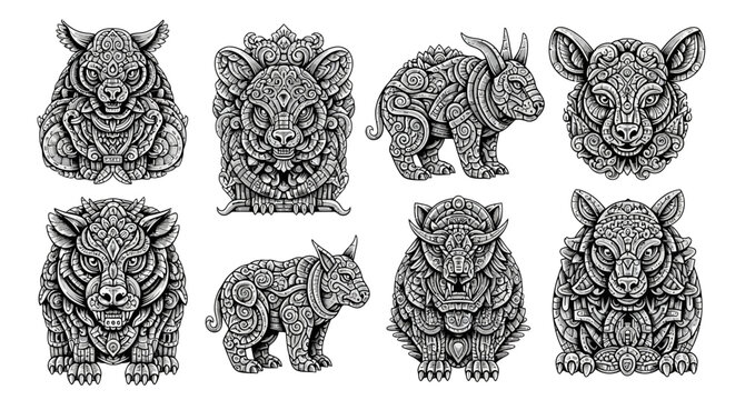 Collection of ornate black and white animal head illustrations.