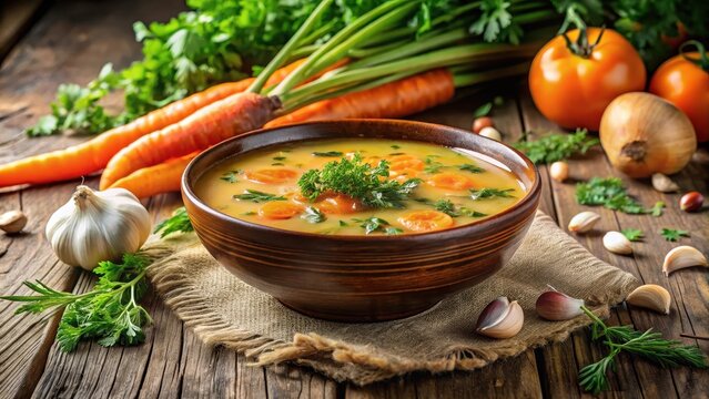 Comforting soup with carrots and herbs on wooden table