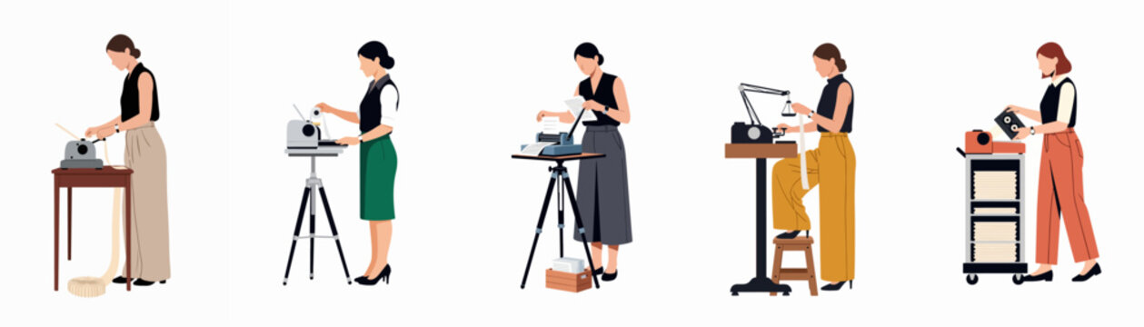 Collection of flat vector illustrations featuring women working as court reporters and stenographers with specialized stenotype machines on a white background.