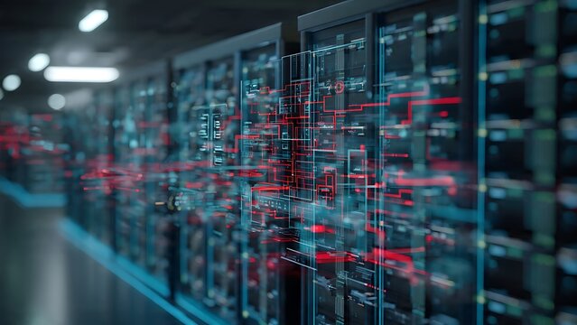Abstract digital data flow visualization in server room.