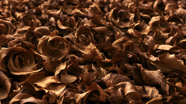 A photorealistic macro of dried, cured tobacco leaves curled in warm brown and tan tones, forming a full-frame organic surface texture, can be used for backgrounds and rustic design projects