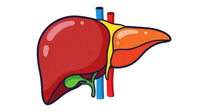 Vintage illustration of human liver with gallbladder and bile ducts.