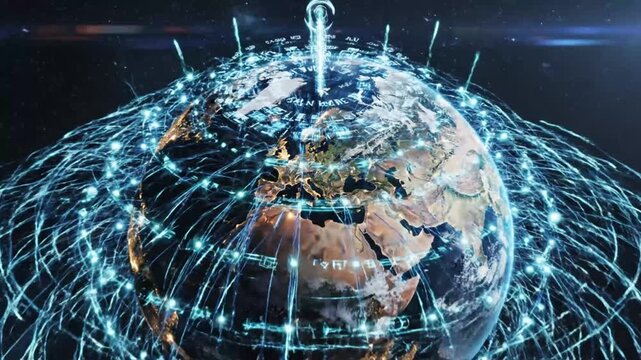 Digital connection lines radiating from Europe on planet Earth