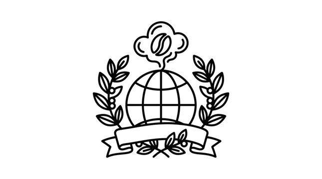 Minimalist line art emblem featuring a globe with coffee bean and laurel wreath.