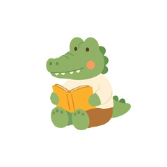 Obraz premium Cute Crocodile Sitting and Reading Book Vector Illustration, Smart Cartoon Baby Alligator Student, Flat Reptile Back to School Clipart for Kids