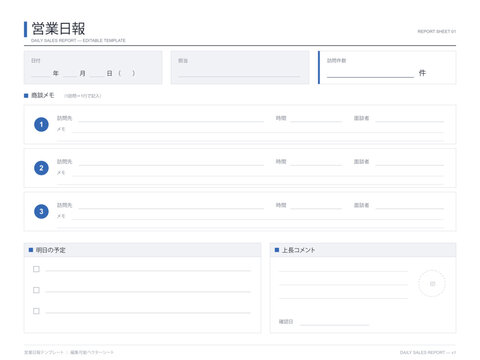 Sales daily report template vector editable flat business form with visit count meeting notes and manager comment fields