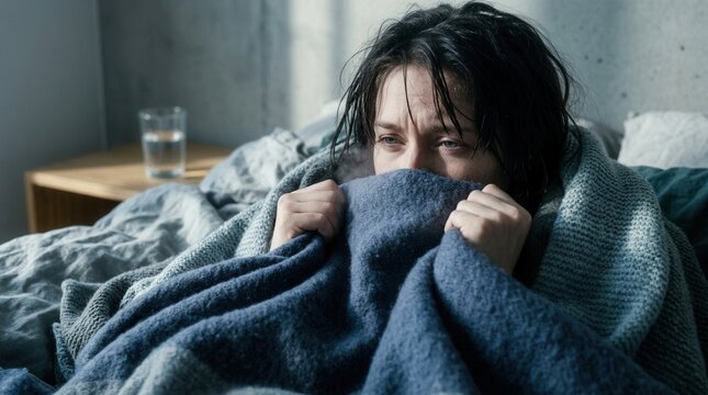 Feeling Unwell And Sick Bedridden Woman Under Blanket