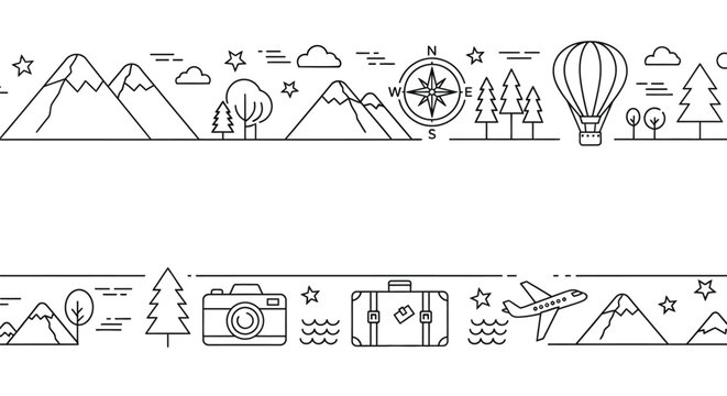 Minimalist Travel and Adventure Line Art Icons Set.