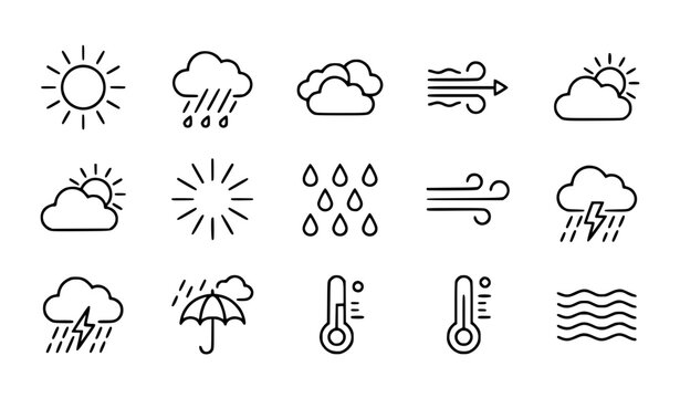 Minimalist Weather Thin Line Icon Set Sun Rain Cloud Wind EPS 10
