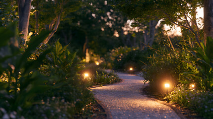 Obraz premium A beautifully lit outdoor garden with landscape lighting highlighting the pathways and plants.