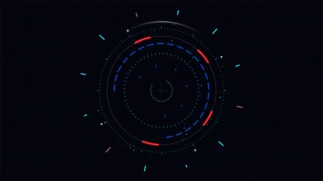 Futuristic circular HUD interface with rotating digital elements on dark grainy background, cyber technology display 4k video