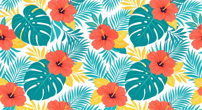 Tropical floral pattern, colorful leaf design, monstera leaves, hibiscus flowers, summer background
