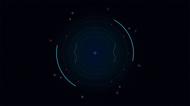 Futuristic circle HUD interface with tech elements on dark grainy background, cyber display animation 4k video