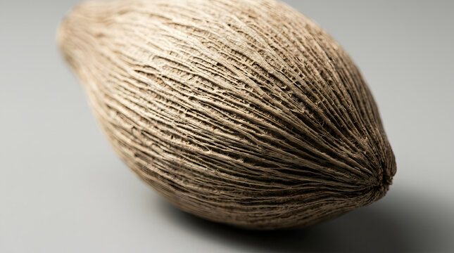 Dry cerbera odollam seed with unique natural fibrous husk texture isolated on grey background
