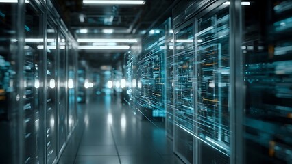 Obraz premium Abstract digital network data flow visualization in dark server room.