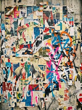 Colorful layered urban graffiti collage with bold typography and street art texture