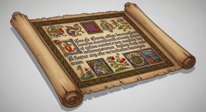Ancient illuminated manuscript scroll with colorful illustrations.