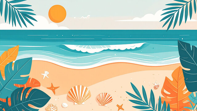 Illustration of Beach Scene with Seashells and Palms