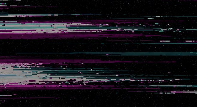 Digital glitch effect with distorted lines in magenta and teal on black background