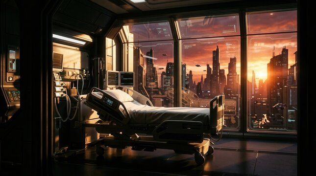 Futuristic Hospital Room Overlooking A Dazzling Metropolis At Sunset