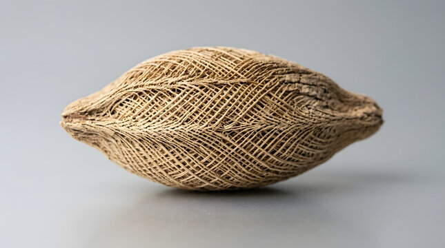Dry cerbera odollam seed with unique natural fibrous husk texture isolated on grey background