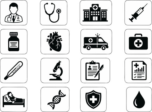 Medical icons depicting healthcare professionals and various health related symbols arranged in a grid