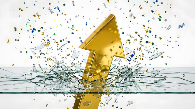 Golden arrow breaking through a glass ceiling with colorful confetti and stars