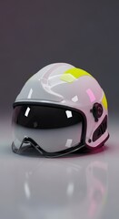 Fototapeta premium Glossy white professional rescue helmet featuring a clear protective visor attachment, displayed on a clean reflective neutral surface, intervention, fire, service