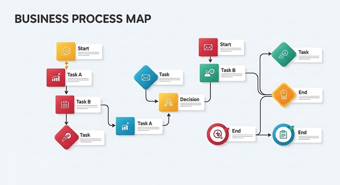 Business process map flow chart diagram with icons.