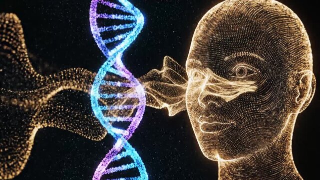 Digital human face and DNA helix on dark background