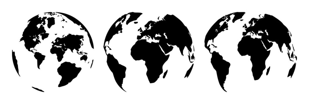 Solid black icon, white background: worldwide shipping globe set with simple line art design featuring outline, illustration, graphic elements with clean design and vector art