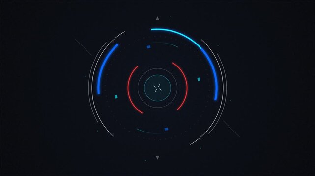 Futuristic HUD circle interface with glowing digital elements on dark grainy background, cyber technology animation 4k video