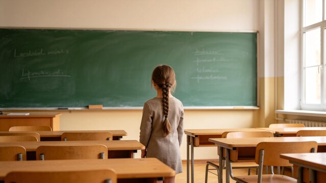 Young girl in classroom facing chalkboard