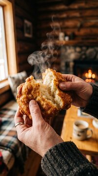 POV vertical shot of breaking warm fried bannock bread in half close up