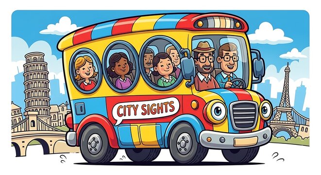 Brightly colored double decker bus with diverse passengers.