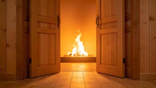 Wooden doors open to a warm fire