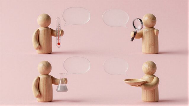 Wooden figures hold tools, symbolizing communication and investigation against a soft pink background.