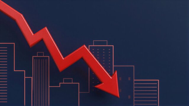 Red arrow drops sharply over city skyline, symbolizing economic decline.