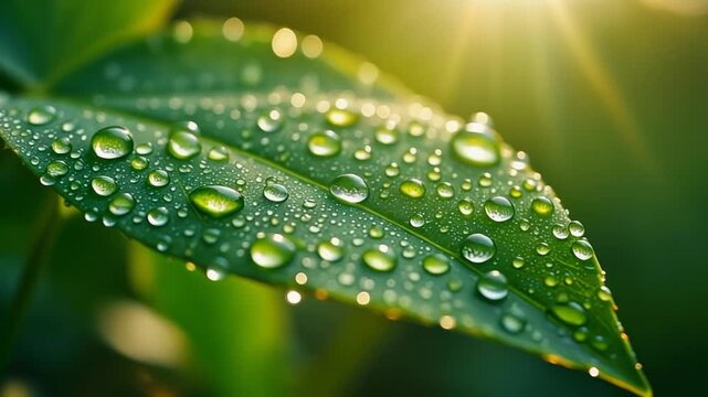 Macro Shot of Vibrant Green Leaves Covered in Glistening Morning Dew Drops with Cinematic Sunlight, Full HD Nature Background