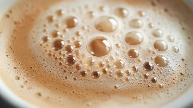 Macro Slow Motion Shot of Creamy Microfoam Bubbles on Cafe Latte Surface, Aesthetic Coffee Texture Background