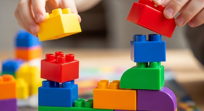Colorful childrens building blocks scattered on floor.