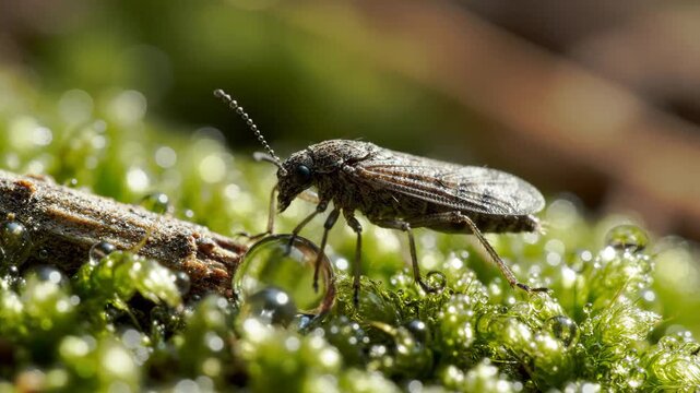 Fungus gnat insect macro view reveals intricate details of tiny creatures on lush green moss, highlighting natures beauty and delicate features