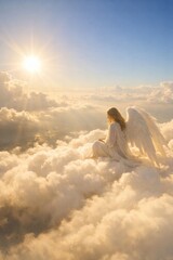Naklejka premium Serene angel amidst fluffy clouds.