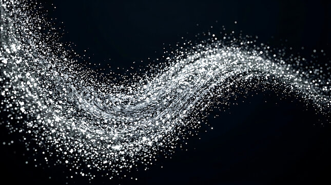 Dynamic swirl of silver glitter particles on black background with particles abstract background celebration creative movement