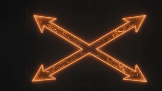Four glowing orange arrows form an X, radiating energy against a dark background.