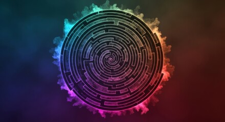 Fototapeta premium A coal-black vapor labyrinth shell featuring deep concentric spirals and intricate branching smoke corridors within a dark misty void, corridors, intricate, geometry