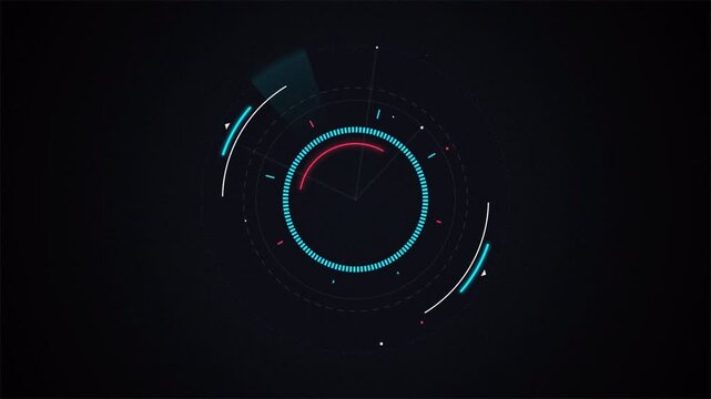 Futuristic circle HUD head-up display interface with rotating cyber elements on grainy dark background, digital technology user interface 4k video